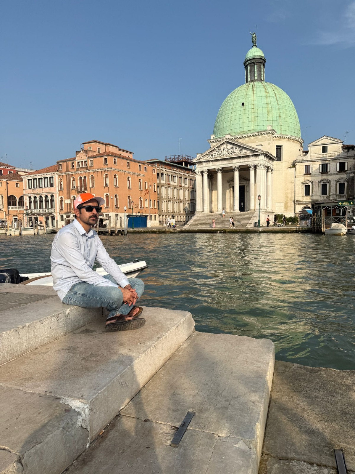 Me at Venice waterfront, San Simeon Piccolo church in the background